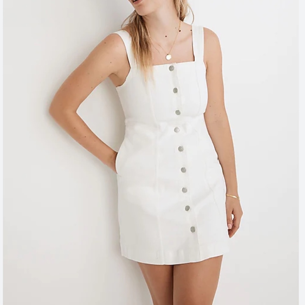 Madewell Denim Mini Dress Size 14 Button Front Square Neck Preppy In Tile White